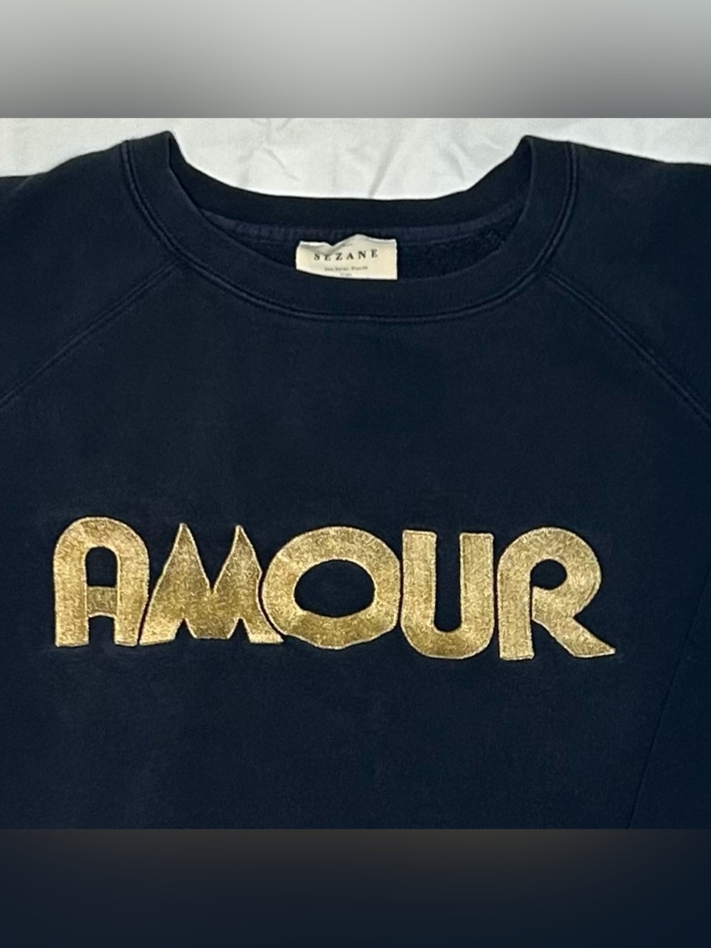 Sezane AMOUR Gold Logo Top Womens Sz Small Navy Blue Sweatshirt Comfy Cozy